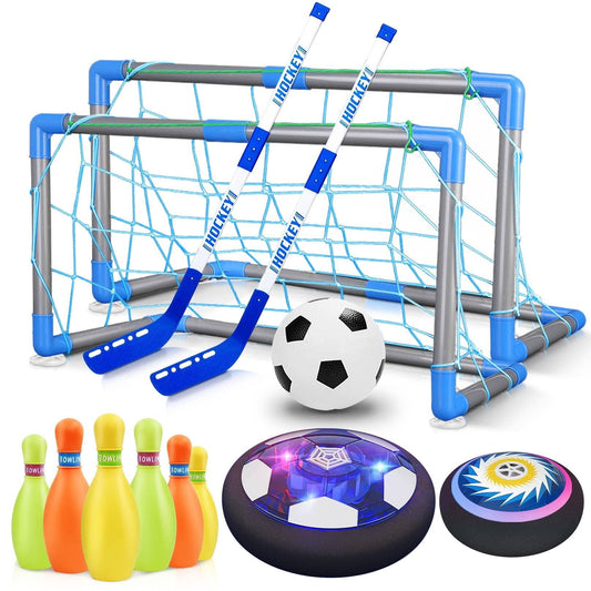 Hover Soccer Ball, 3-In-1 Hover Hockey Ball Bowling Set for Kids, Led Light Floating Air Football with Bowlings Indoor Sport Toys, Christmas Birthday Gifts for Boys Girls Aged 3-12