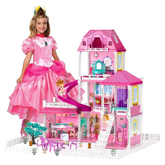 Doll House with  Furnitures Toys for Girls, 6 Rooms Dollhouse with Slide, Dream House Doll House for Girls Boys Age 3+