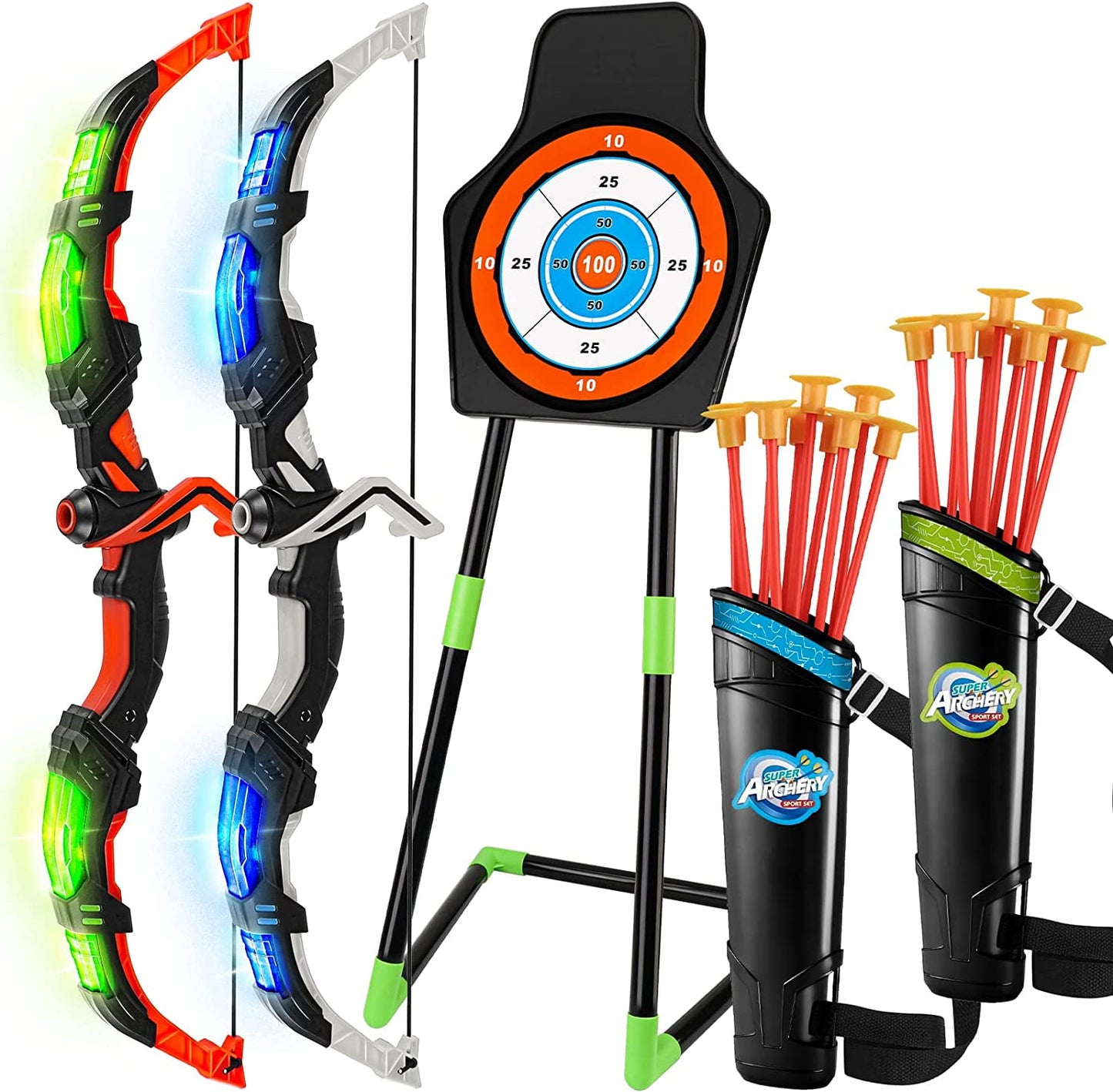 2 Pack Bow and Arrow for Kids -Light Up Archery Toy Set -Includes 2 Bows, 20 Suction Cup Arrows & 2 Quivers & Standing Target, Outdoor Toys for Kids Boys Girls