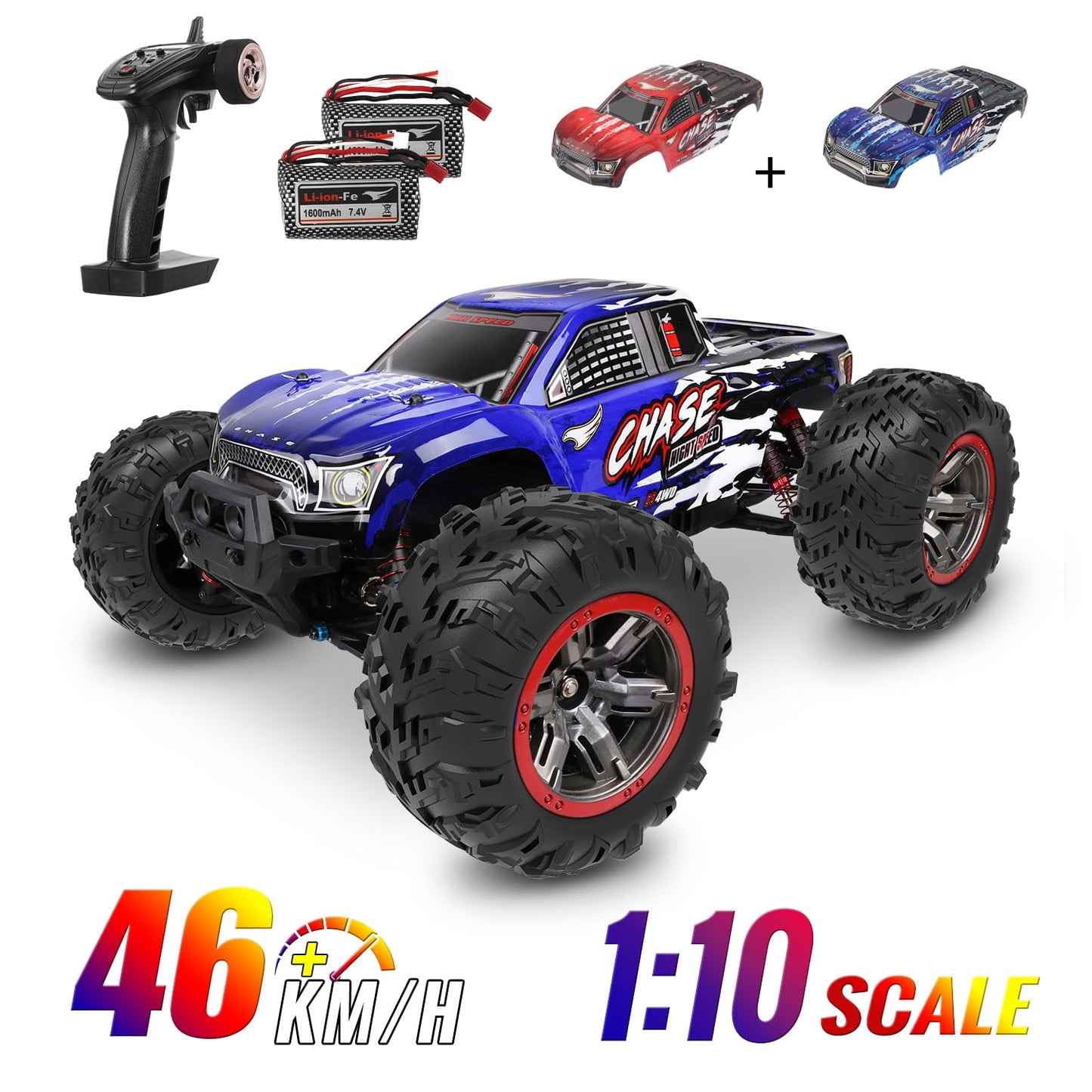 1:10 Scale Large RC Cars,4WD 2.4GHz Off Road Monster RC Truck with 2 Battery 46+ KM/H Hobby Grade High Speed Remote Control Car for Adults Boys