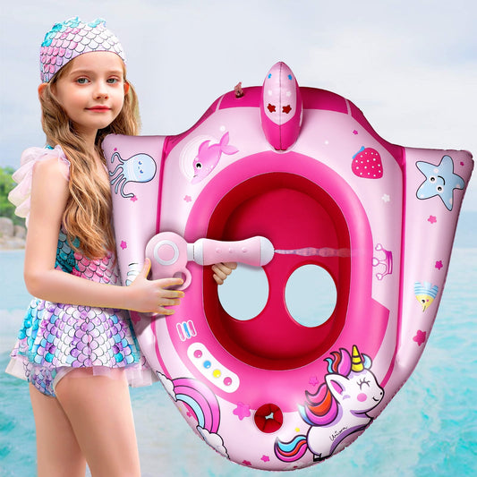 Inflatable Swimming Pool Floats for Kids with Squirt Gun, Ride-on Space Boat, Summer Toys Water Floaties for Toddler Age 3-12