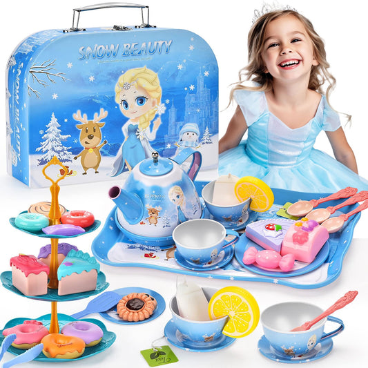 Frozen 47PCS Princess Kitchen Tea Set for Little Girls Toys,  Pretend Play Toys for 3-6 Years Toddler Girls Birthday Gift.(Blue)