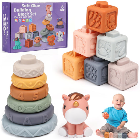 Baby Teether Toys,Building Blocks for Toddlers,Montessori Baby & Toddler Toys for  6 9 12 18 24+ Months, 13PCS Unicorn Stacking Toys.