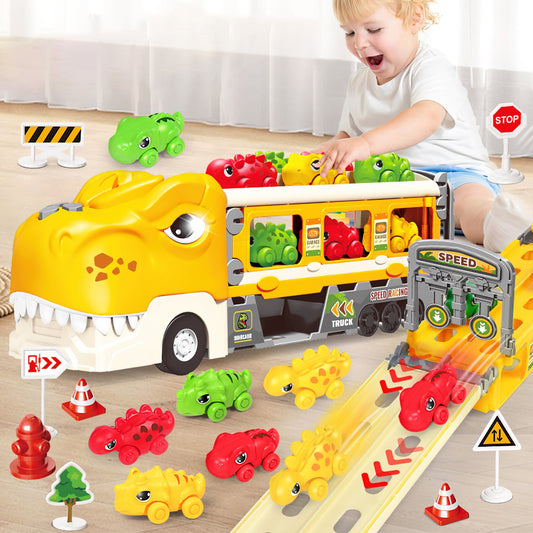 Dinosaur Car Toy for Boys, Friction Power Carrier Truck with 6 Pack Small Pull Back Dino Car, Christmas Birthday Gift for 18+ Months Boy Girl Kids Toddlers