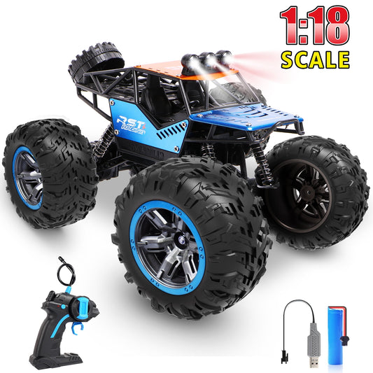 Remote Control Cars 1:18, All Terrain Metal Shell, 4X4 Off-Road Blue Vehicle Truck, High Speed 2.4 GHz RC Car Christmas Gift for Kids 6+ & Adults