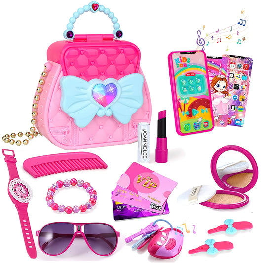 Pretend Play Makeup Toy Set for Girls - Stylish Handbag with Makeup Accessories, Phone, Watches, Glasses - Perfect Toy Gift for Little Girls Age 3-8(17 Pcs)