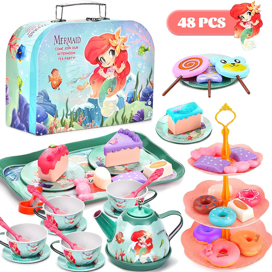 Pretend Play Tea Set 48 Pcs, Mermaid Tea Party Set for Kids, Toy Tea Set with Treats for Imaginative Play, Children's Tea Set for 3-7 Year Olds