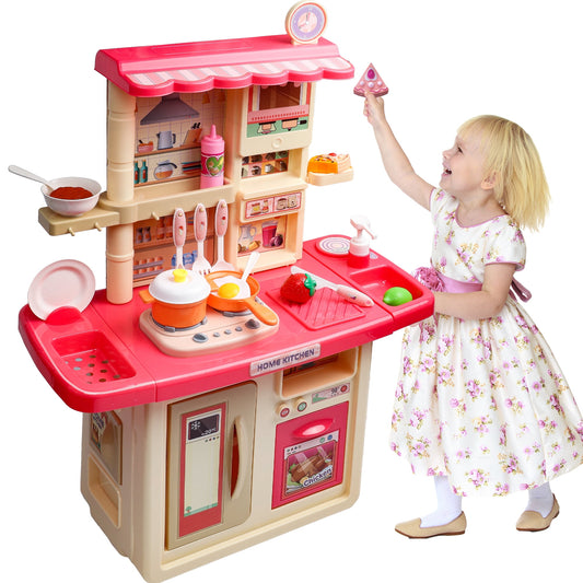 Play Kitchen Set For Kids, Realistic Sounds And Lights, Play Sink, Simulation Of Spray, Kitchen Playset For Toddlers Boys And Girls - Pink