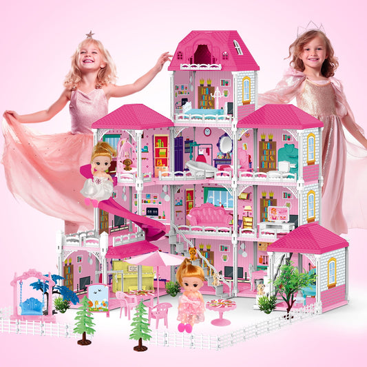 Dollhouse for Girls, 4-Story 12 Rooms Playhouse with 2 Dolls Toy Figures, Gift Toy for Kids Ages 3 4 5 6
